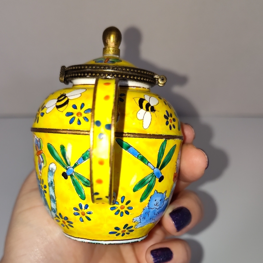 Kelvin Chen Enamel Teapot Trinket Boxes Hand Painted On Copper Two Cats - Picture 12 of 14